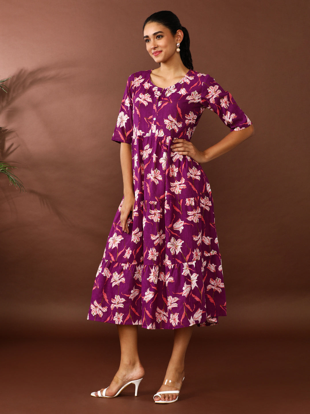 Floral Printed A-Line Tiered Ethnic Dress