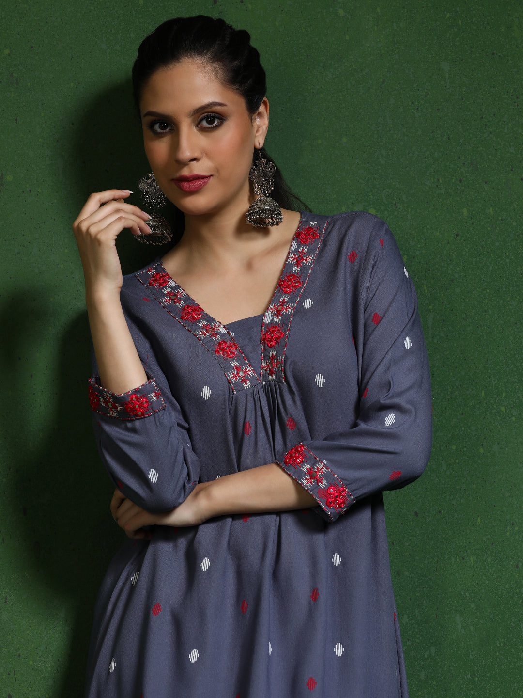 Floral Embroidered A-Line Kurta & Trousers Sets