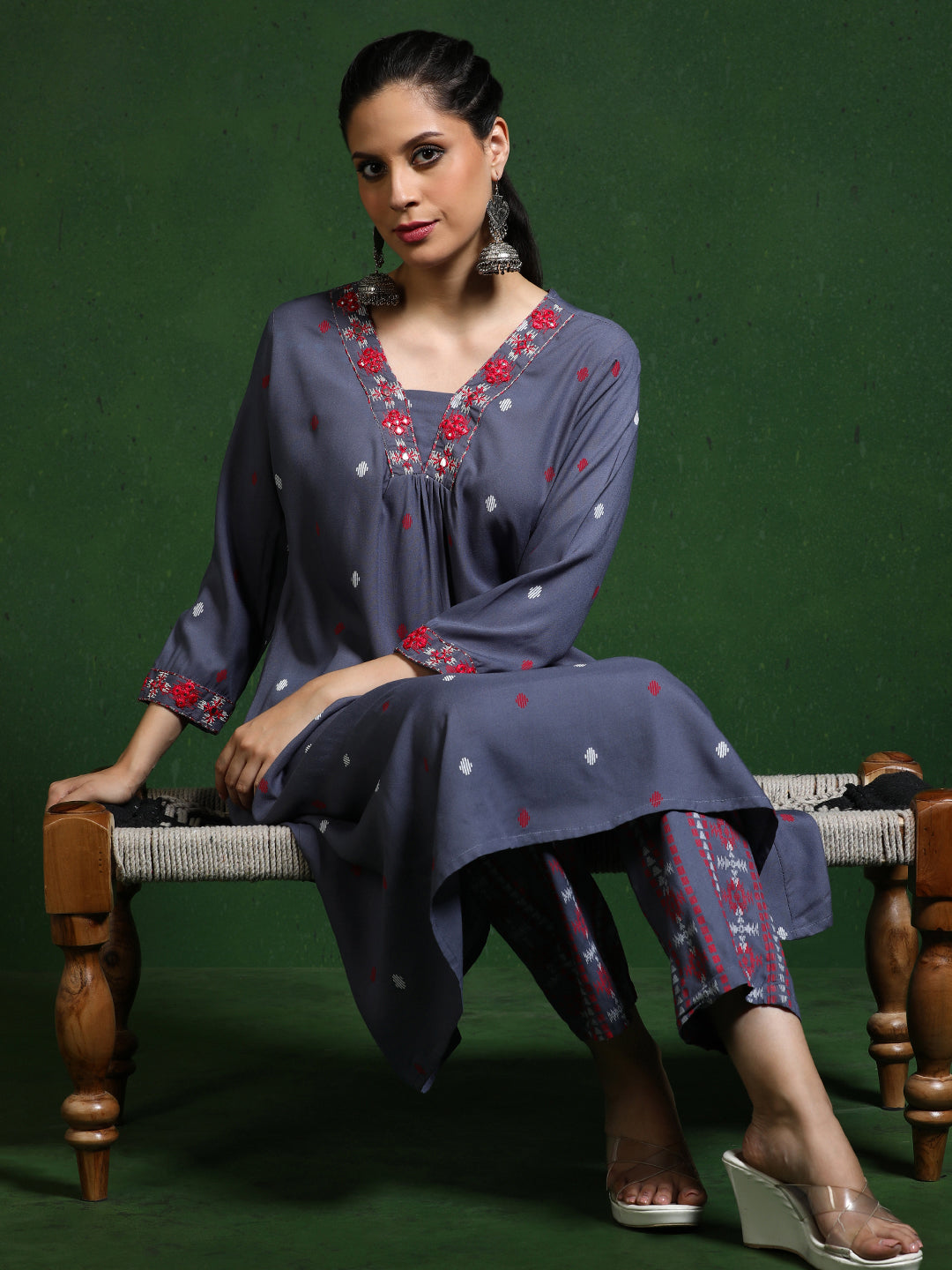 Floral Embroidered A-Line Kurta & Trousers Sets