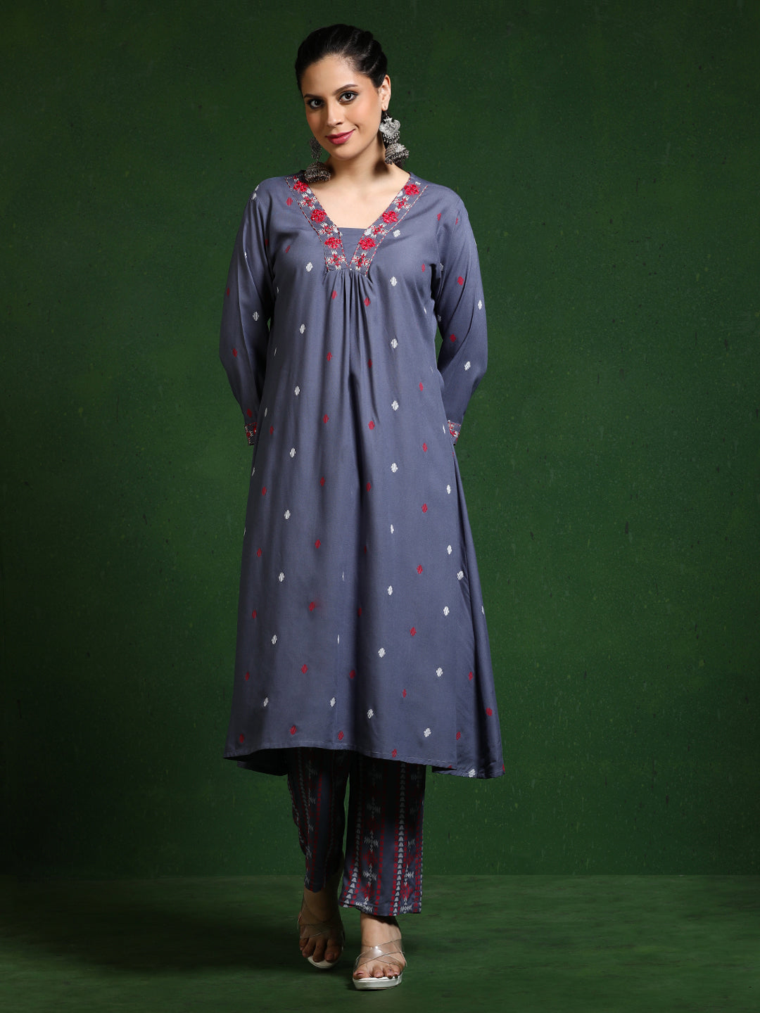 Floral Embroidered A-Line Kurta & Trousers Sets