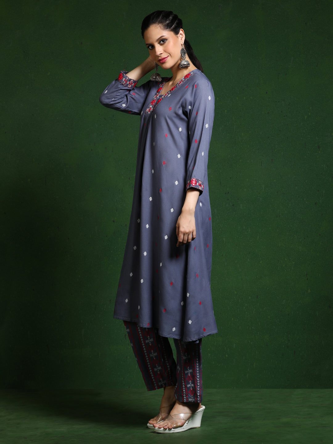 Floral Embroidered A-Line Kurta & Trousers Sets