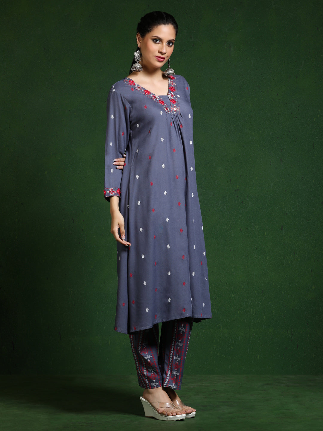 Floral Embroidered A-Line Kurta & Trousers Sets