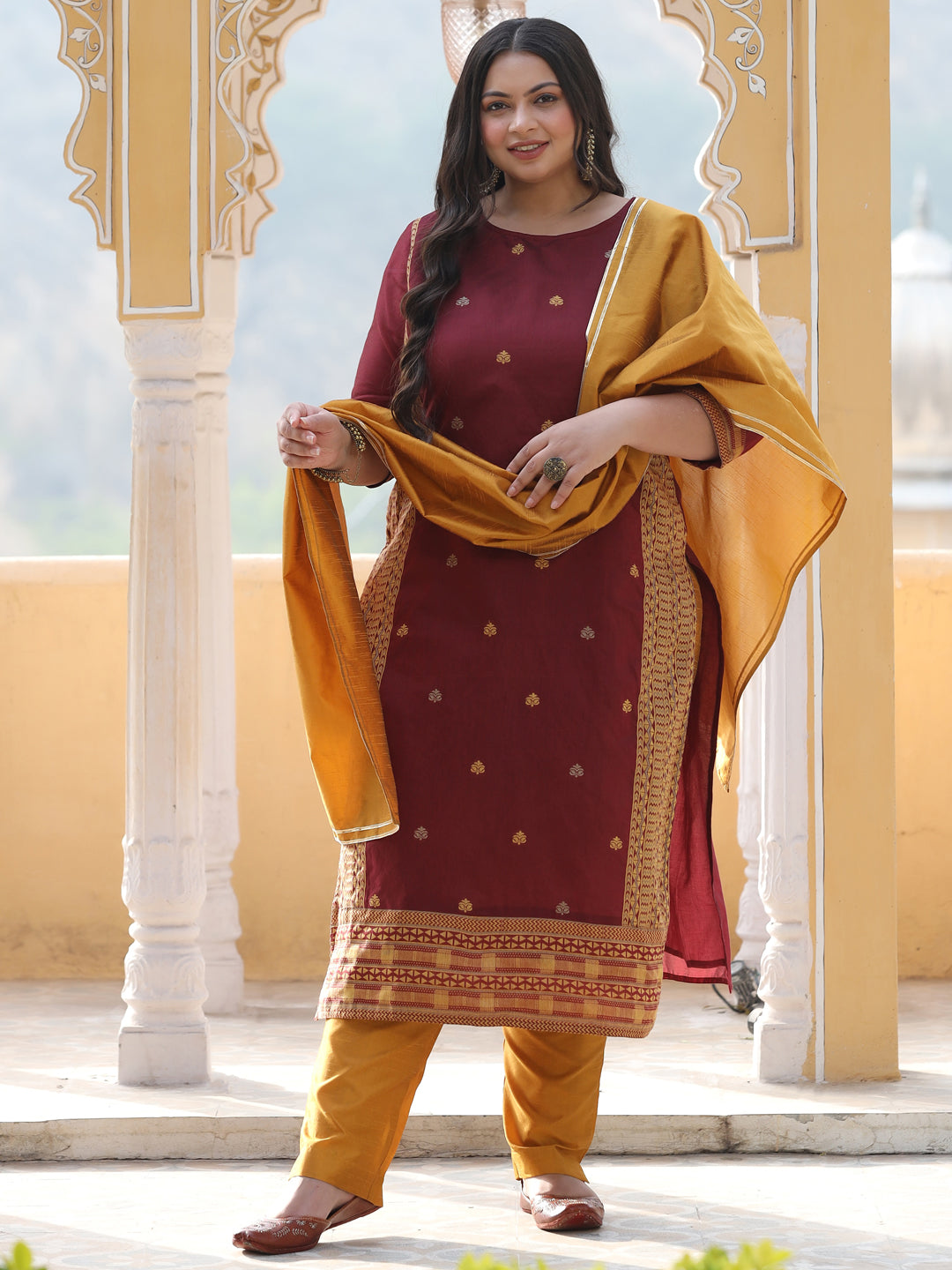Maroon Jacquard Woven Straight Kurta With Pants & Dupatta