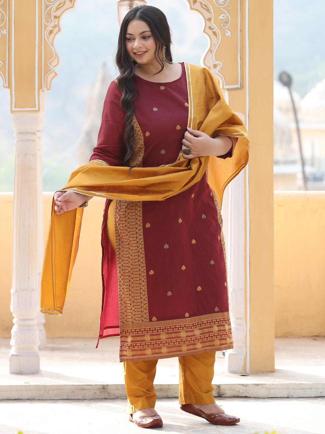 Maroon Jacquard Woven Straight Kurta With Pants & Dupatta