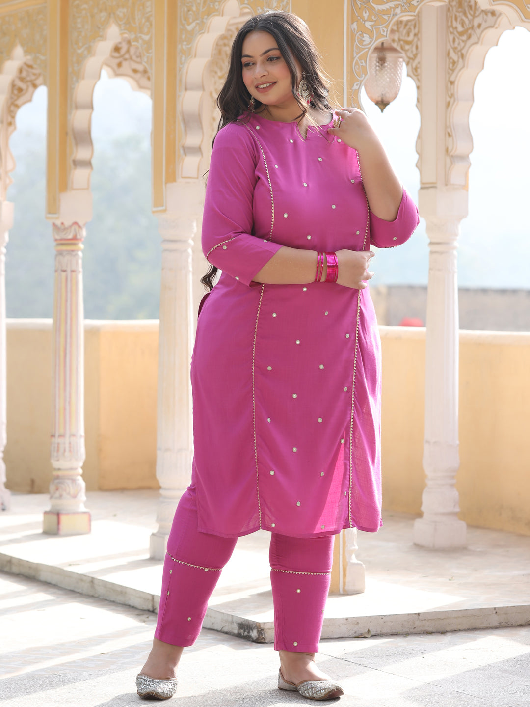 Magenta Pink Mirror Work Straight Kurta With Pants