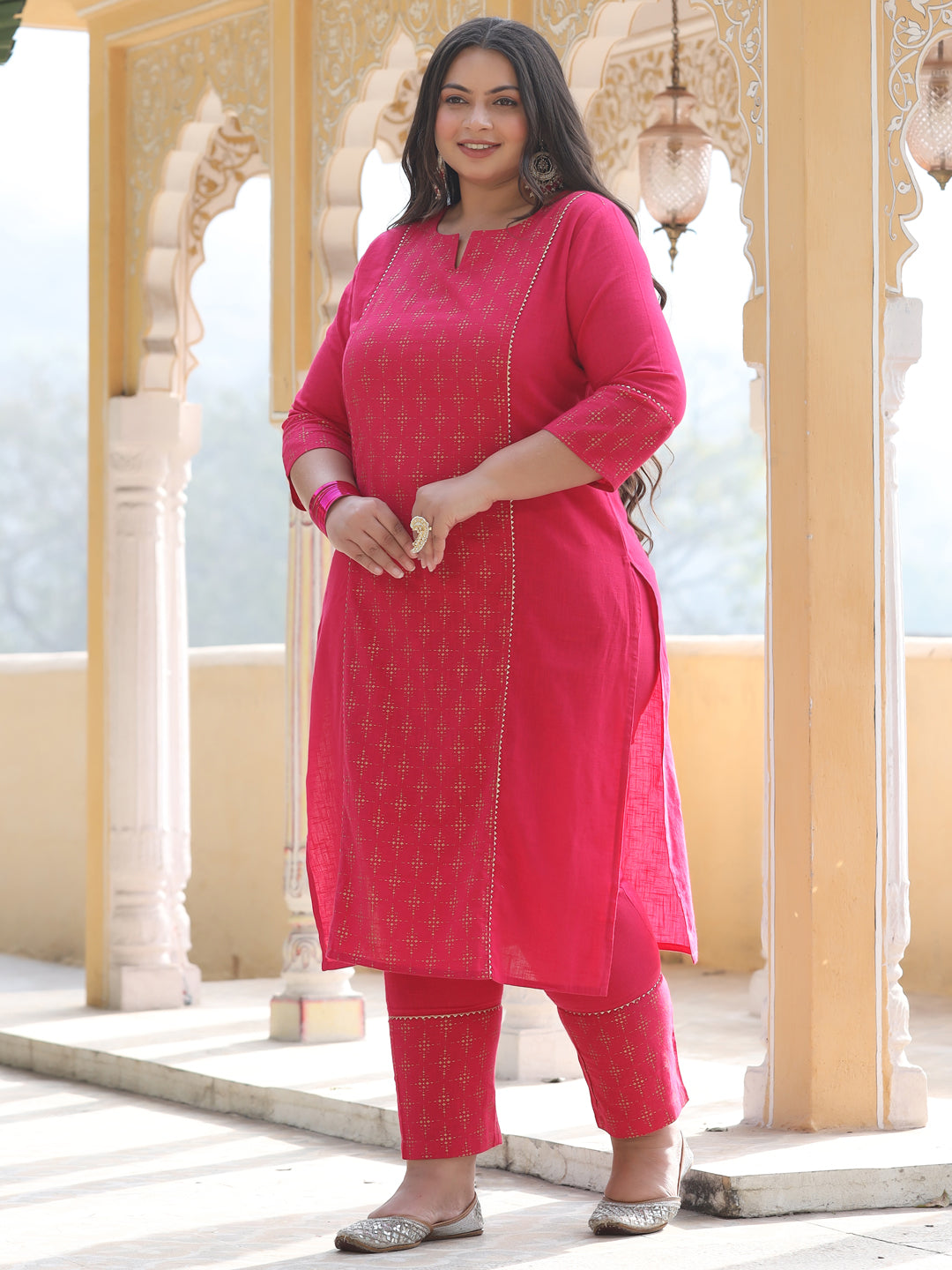 Pink & Gold Printed Straight Cotton Blend Kurta With Pants