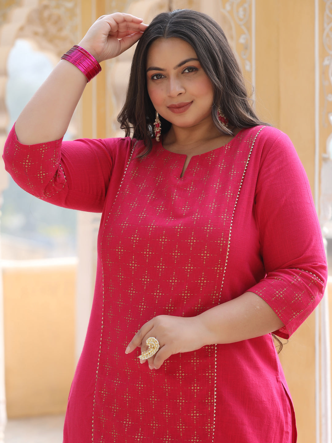 Pink & Gold Printed Straight Cotton Blend Kurta With Pants