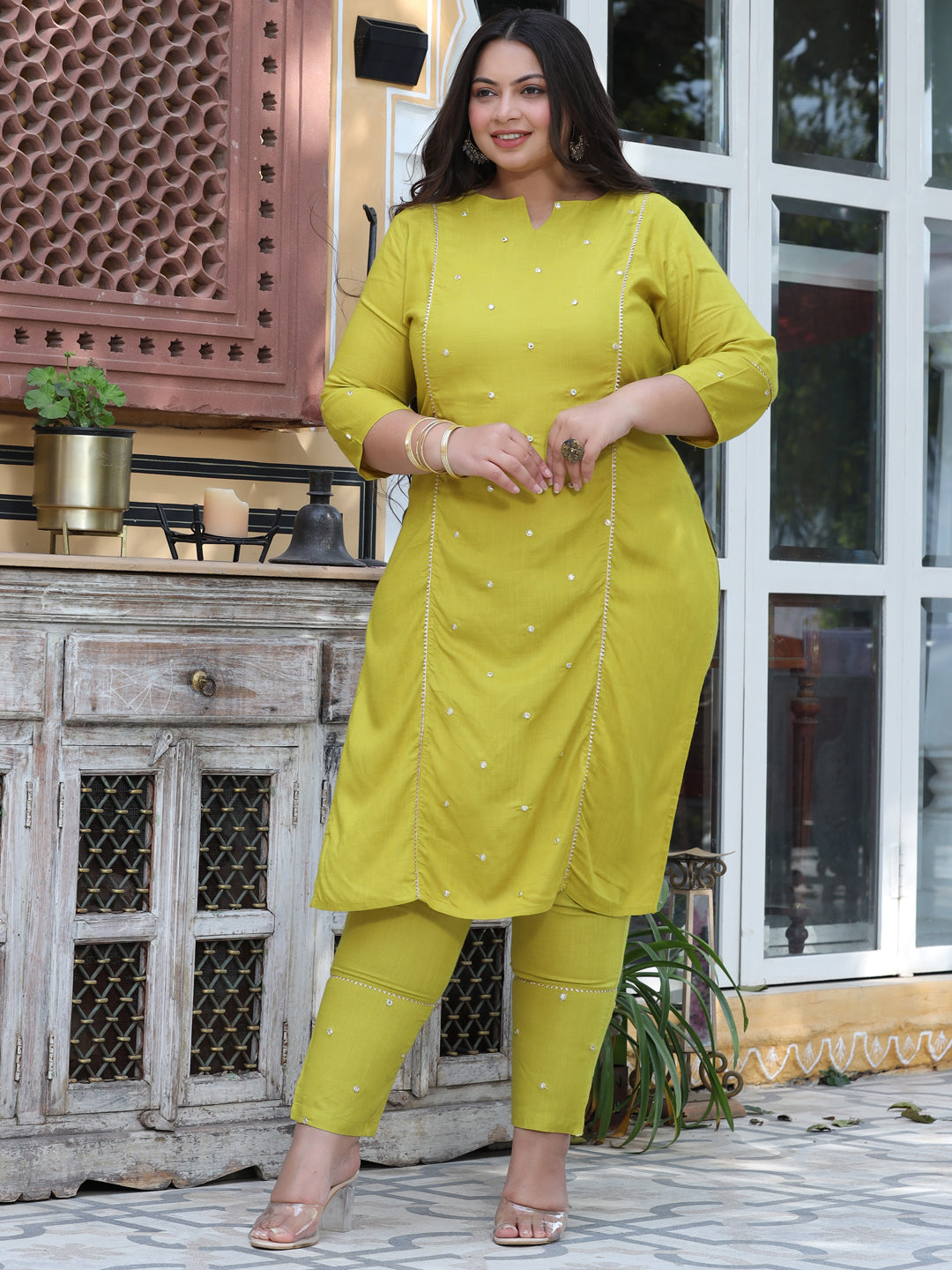 Olive Green Mirror Work Straight Kurta With Pants