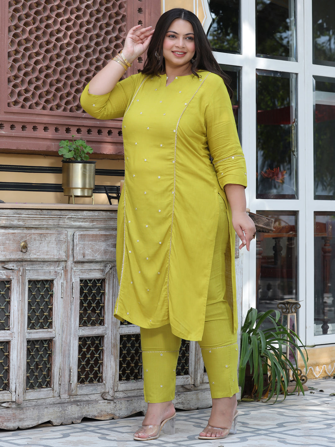 Olive Green Mirror Work Straight Kurta With Pants