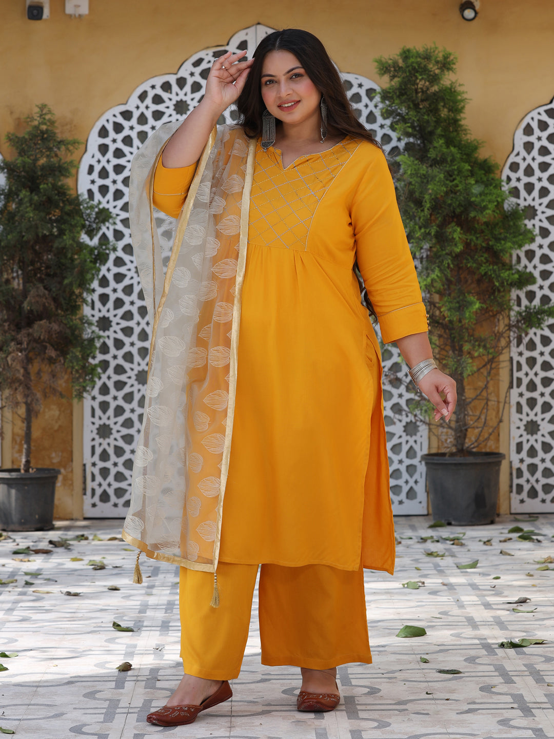 Mustard Embroidered Straight Kurta With Pants & Digital Print Net Dupatta
