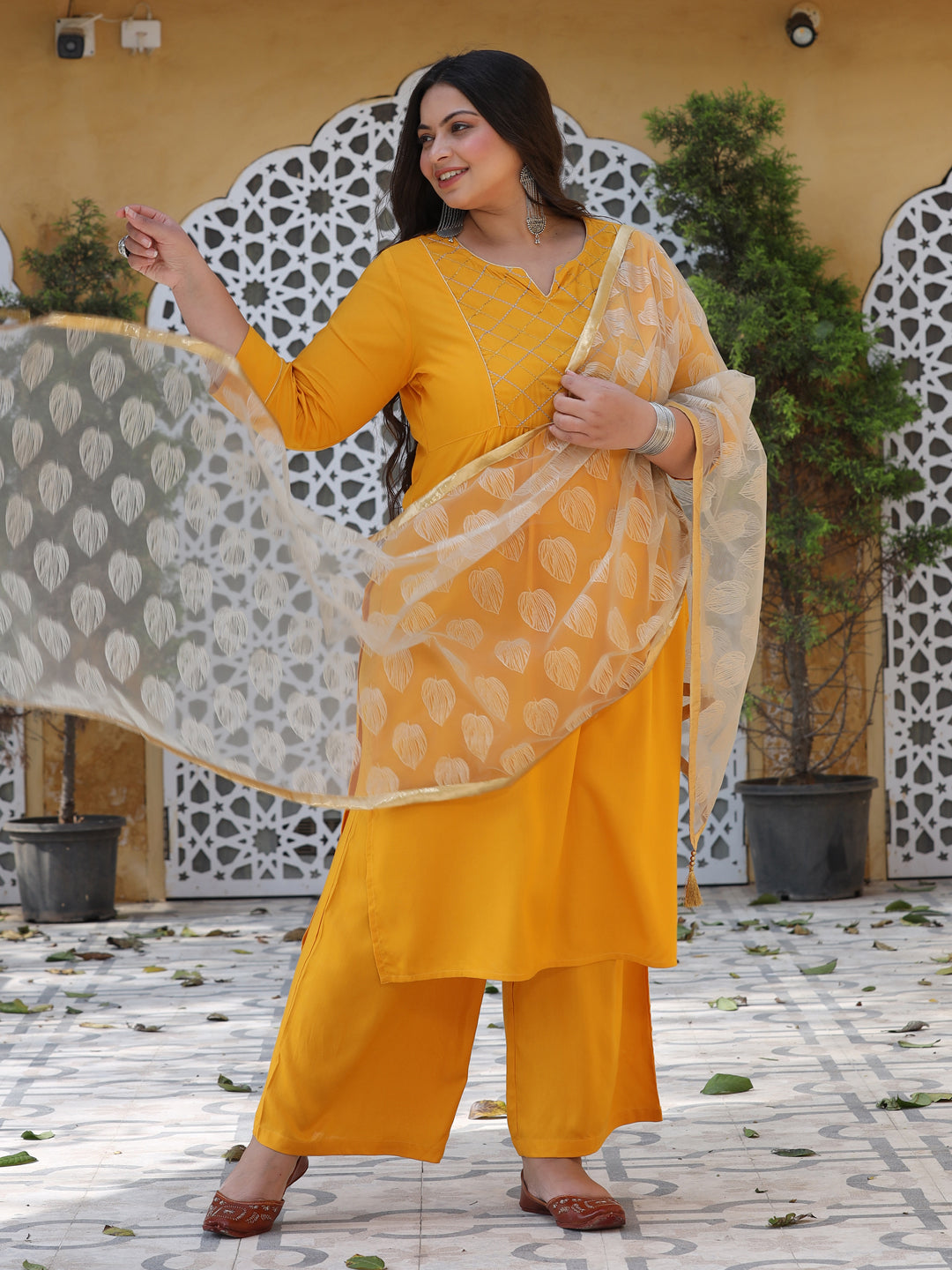 Mustard Embroidered Straight Kurta With Pants & Digital Print Net Dupatta