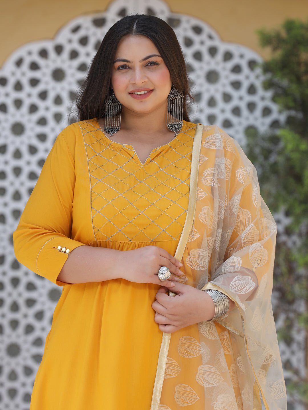 Mustard Embroidered Straight Kurta With Pants & Digital Print Net Dupatta