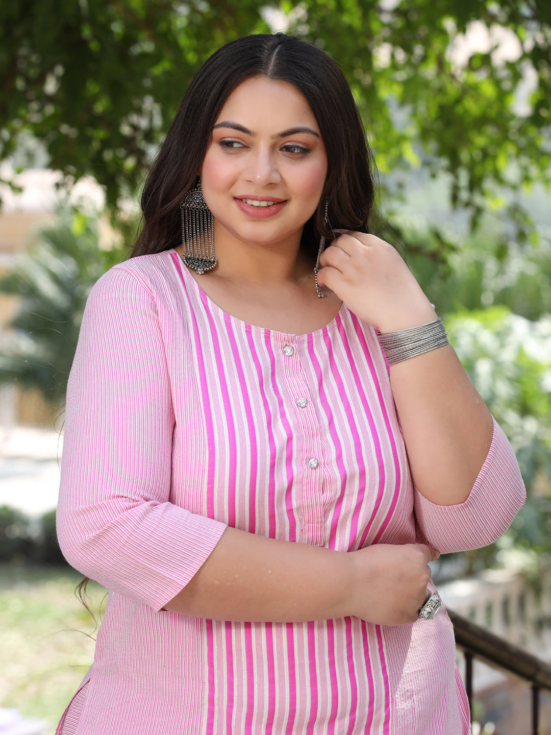Pink Self-Striped Straight Cotton Blend Kurta With Palazzos
