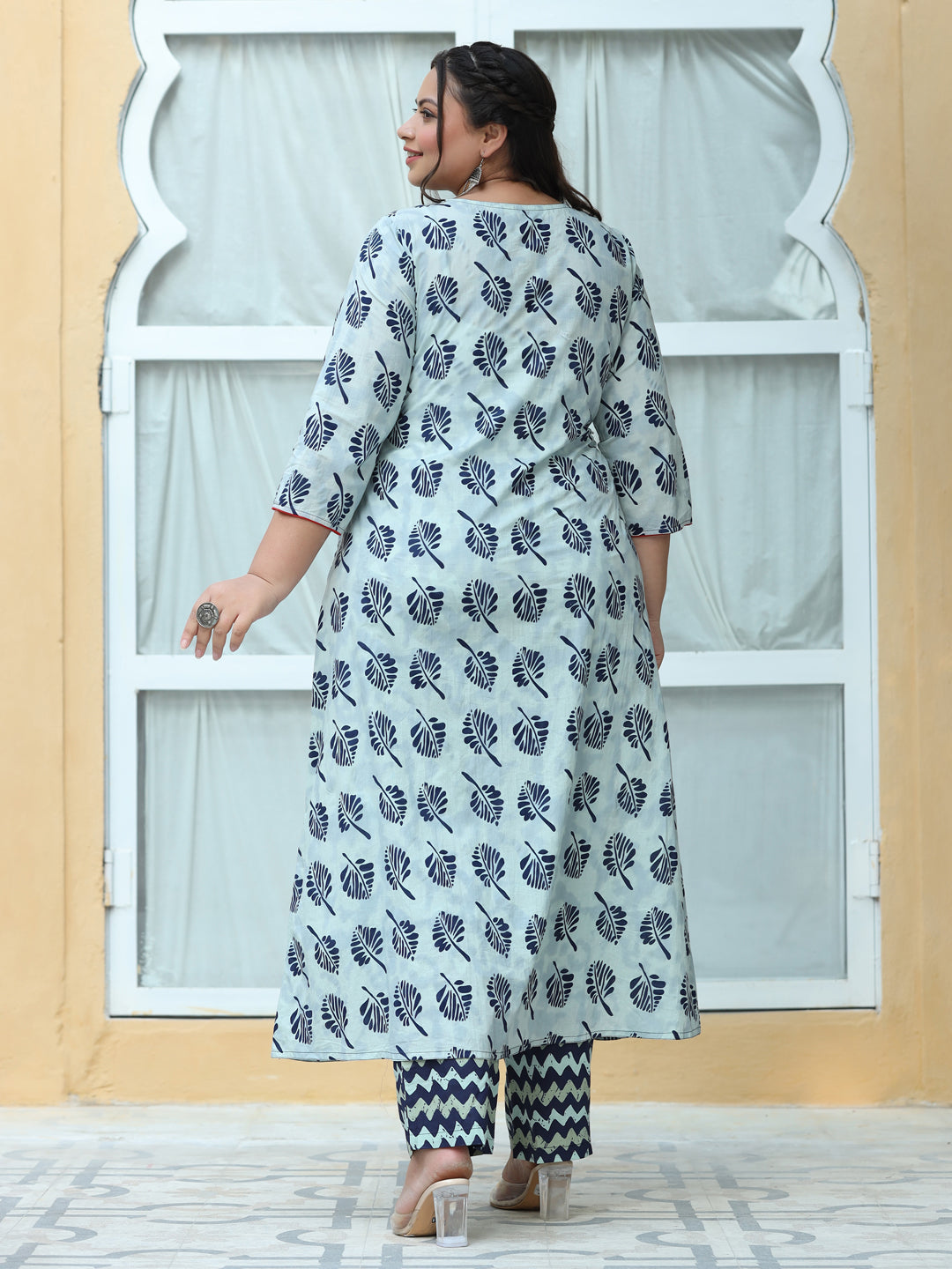 Navy Blue Zigzag Printed Cotton Long Kurta With Palazzo