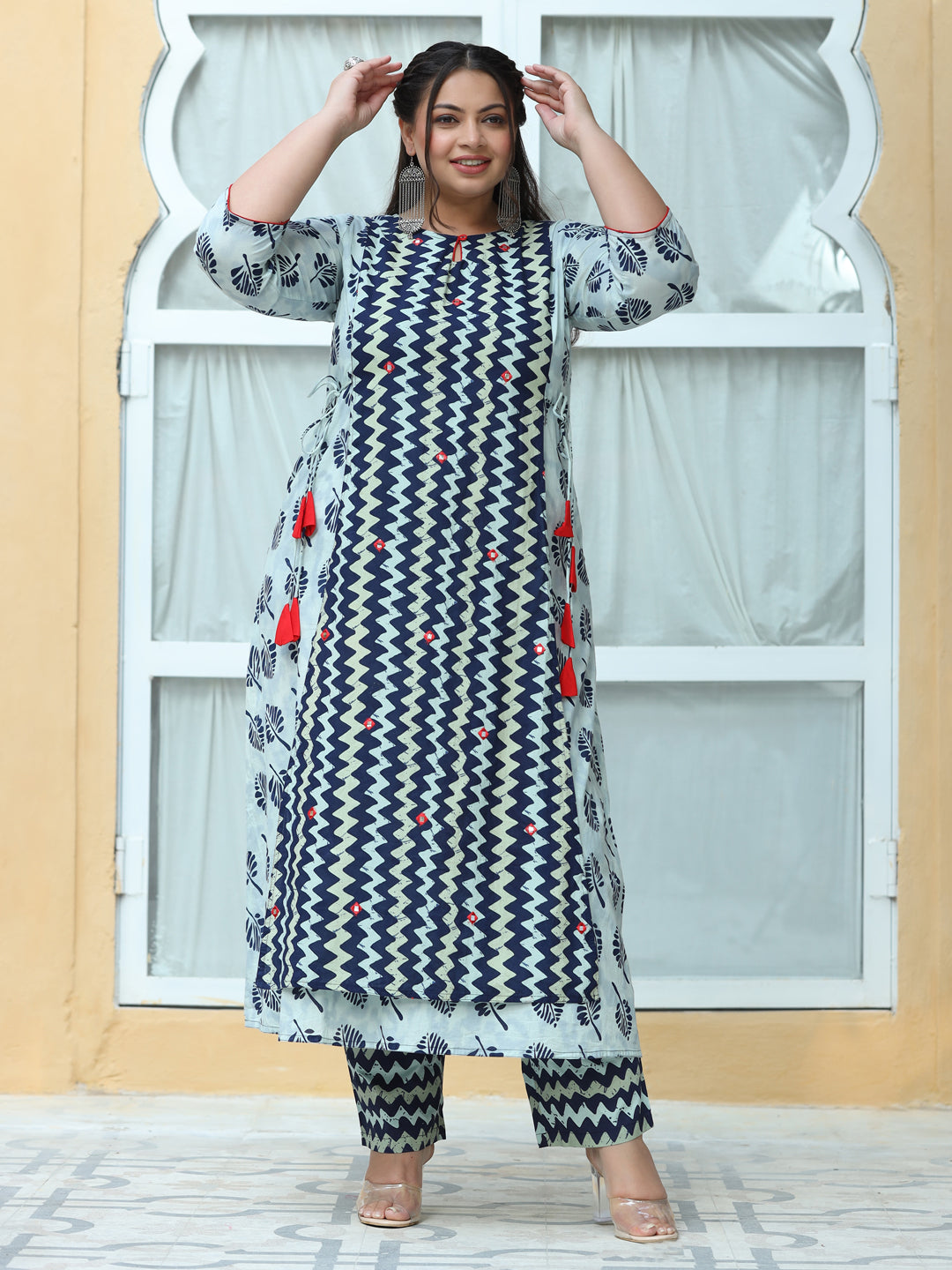 Navy Blue Zigzag Printed Cotton Long Kurta With Palazzo