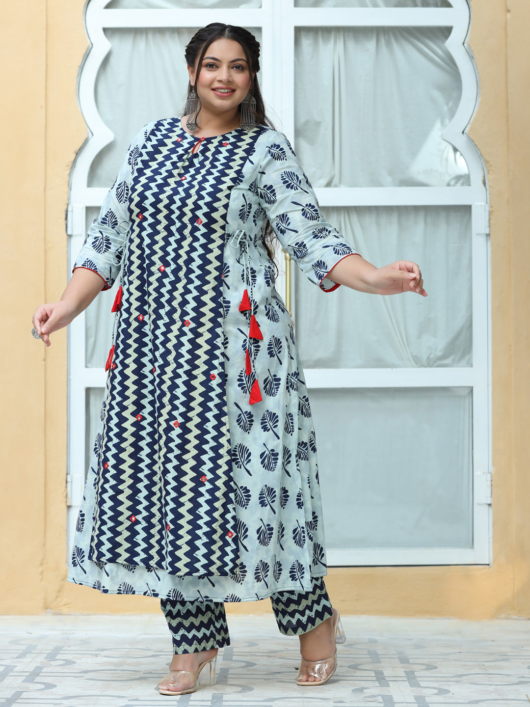 Navy Blue Zigzag Printed Cotton Long Kurta With Palazzo