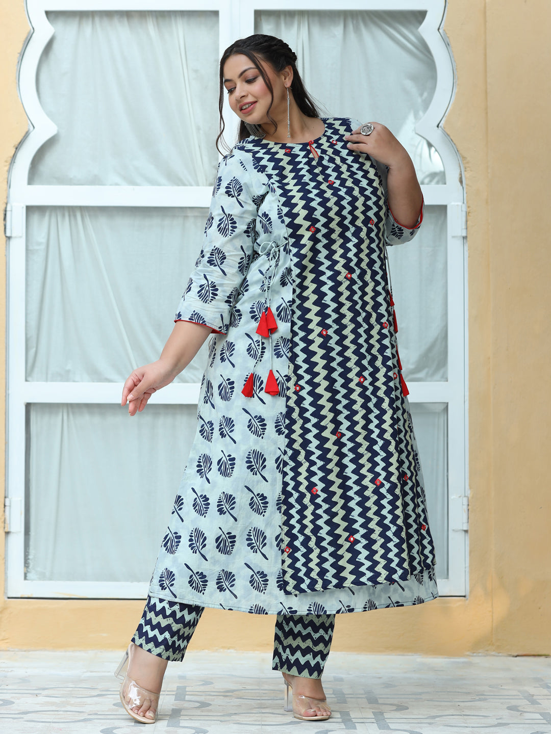 Navy Blue Zigzag Printed Cotton Long Kurta With Palazzo