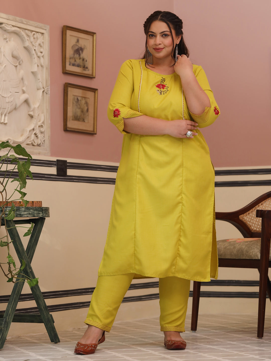 Yellow Embroidered Rayon Slub Straight Kurta With Pants