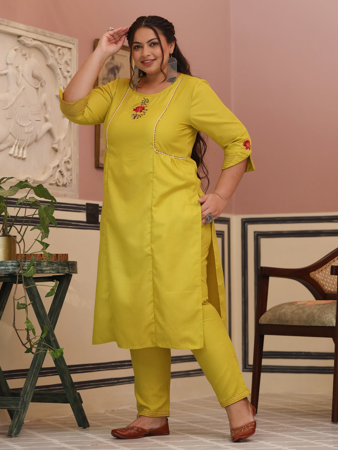 Yellow Embroidered Rayon Slub Straight Kurta With Pants