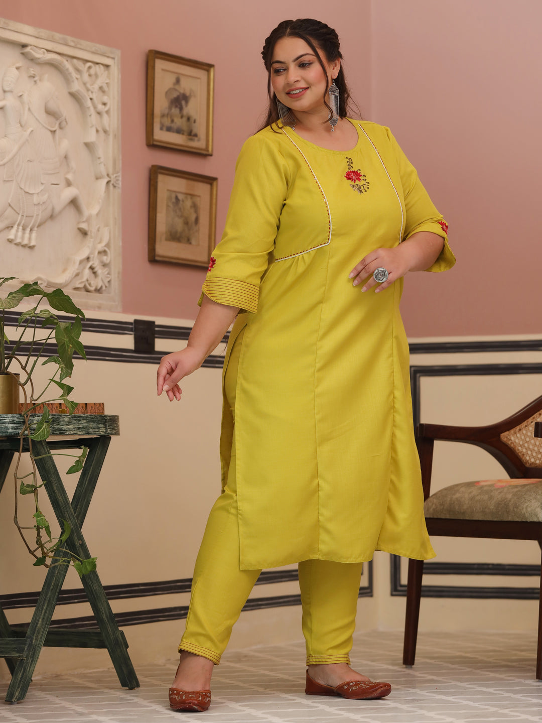 Yellow Embroidered Rayon Slub Straight Kurta With Pants