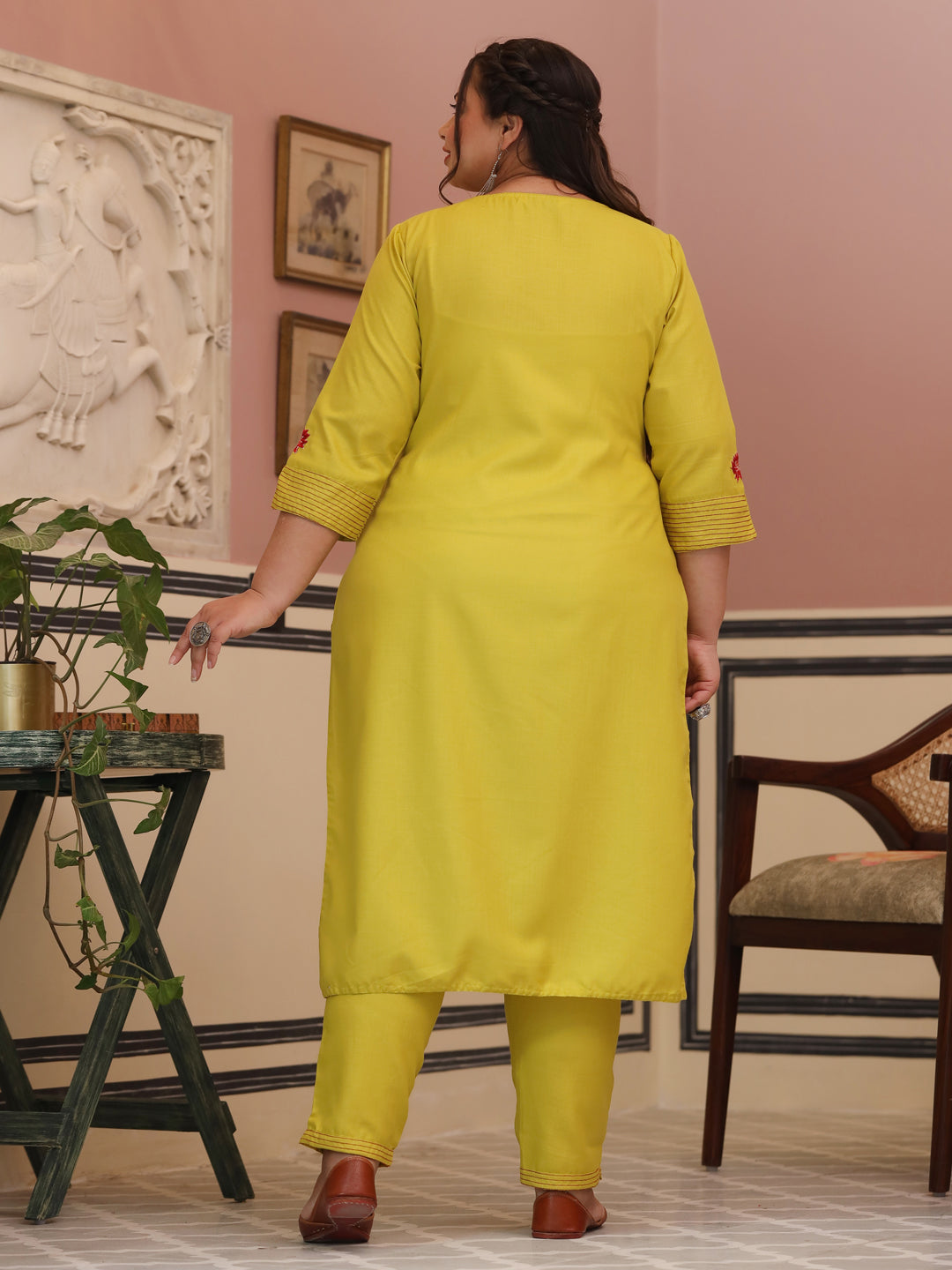 Yellow Embroidered Rayon Slub Straight Kurta With Pants
