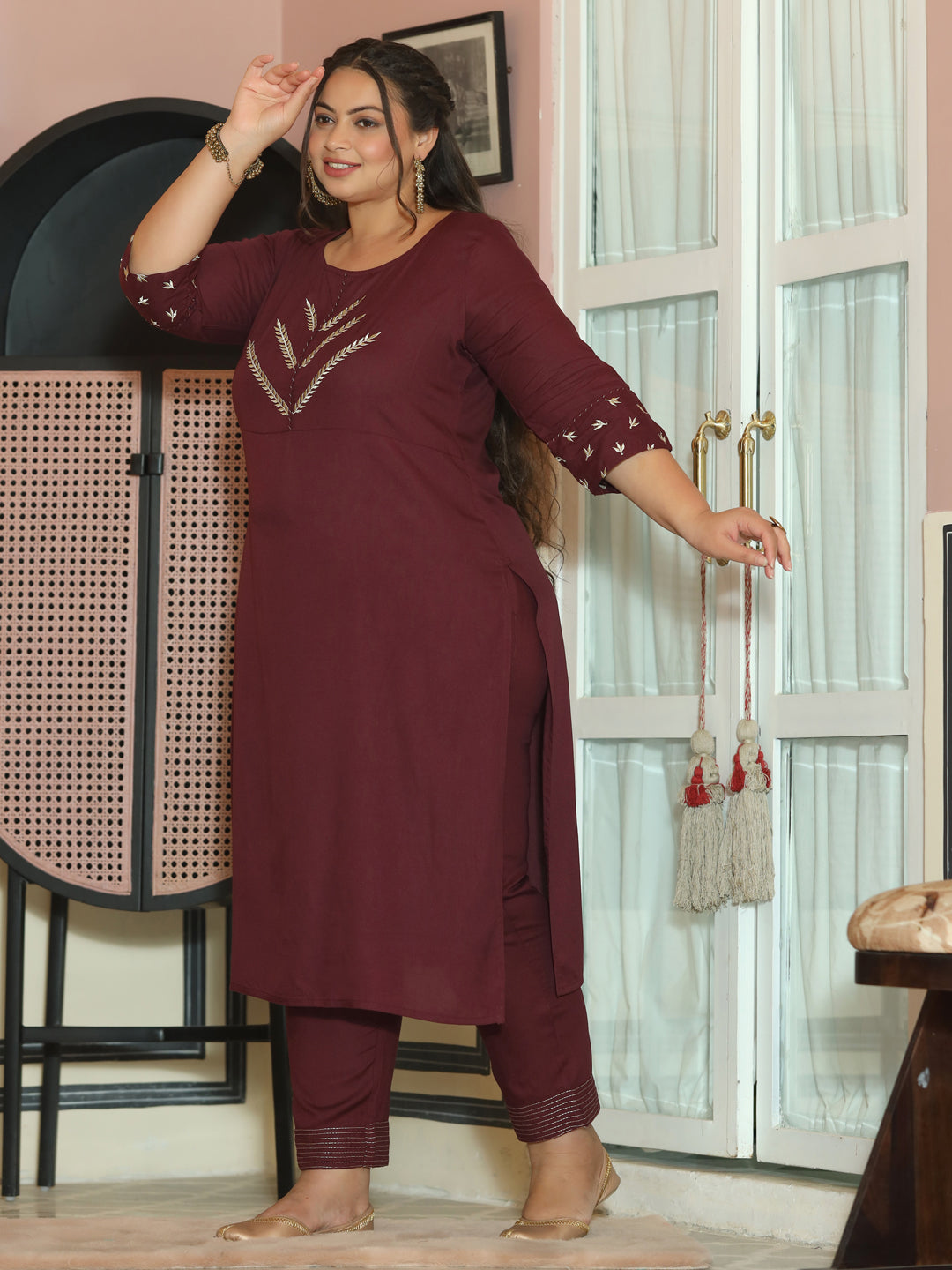 Wine Zari Embroidery Straight Kurta With Palazzos