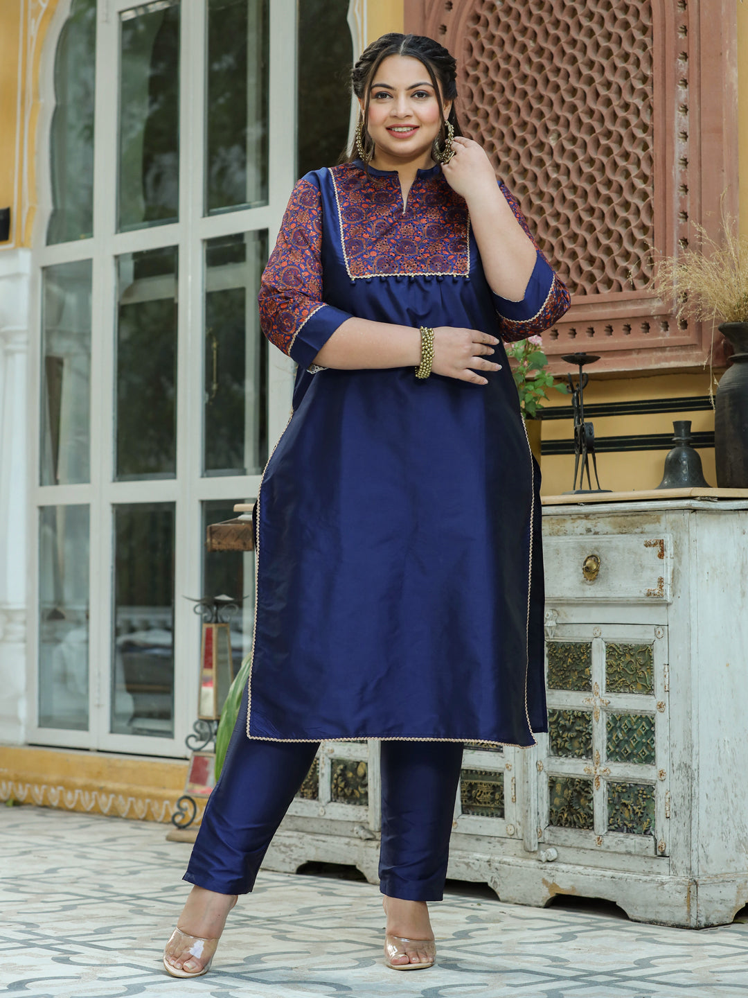 Navy Blue Ethnic Motifs Print Chanderi Straight Kurta With Pants