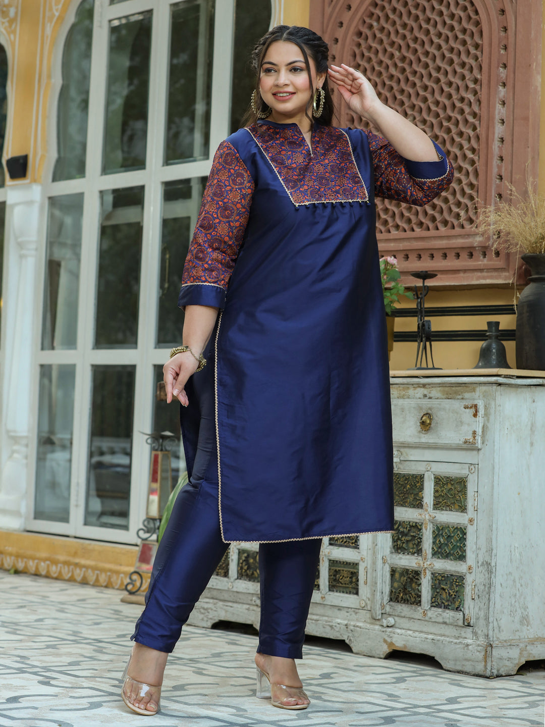 Navy Blue Ethnic Motifs Print Chanderi Straight Kurta With Pants