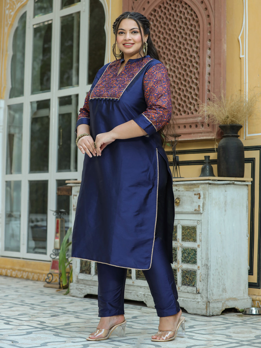 Navy Blue Ethnic Motifs Print Chanderi Straight Kurta With Pants