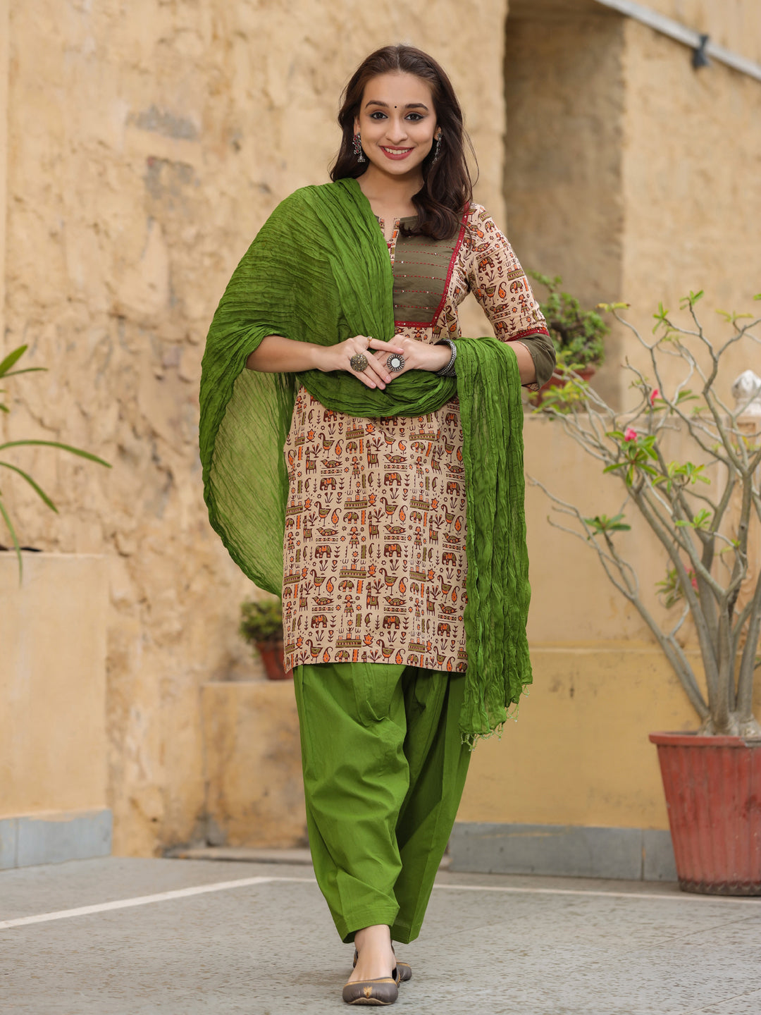 Beige Solid Ethnic Print Straight Cotton Kurta