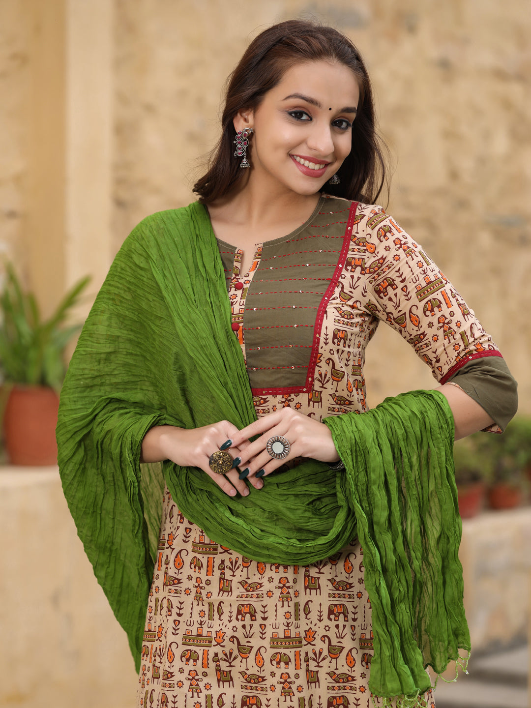 Beige Solid Ethnic Print Straight Cotton Kurta