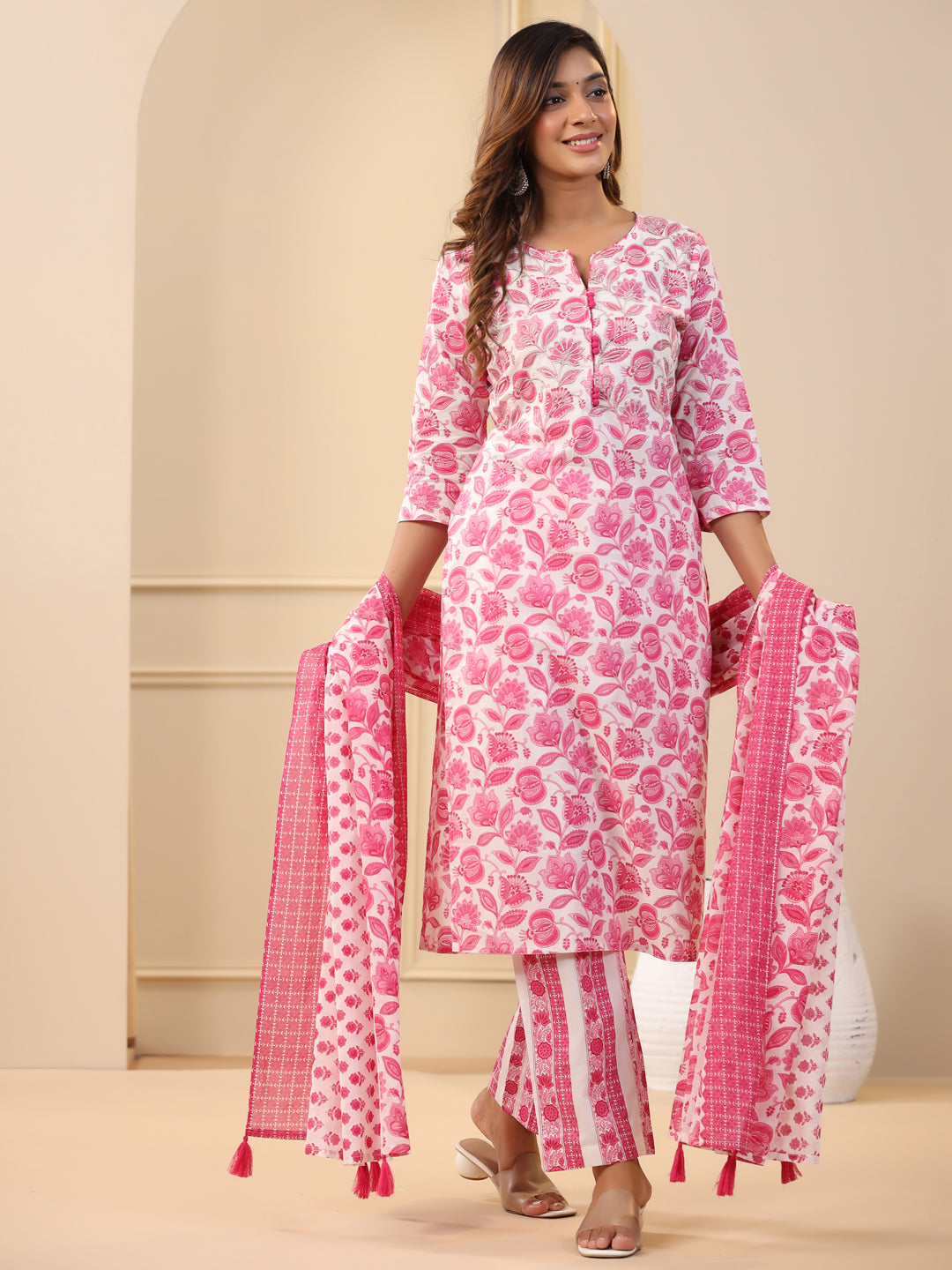 Fuchsia Ethnic Floral Printed Embroidered Kurta With Printed Pants And Printed Dupatta