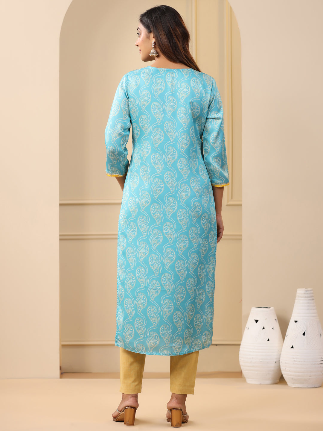 Embroidered Art Silk Blue Printed Straight Kurta With Cream Pants