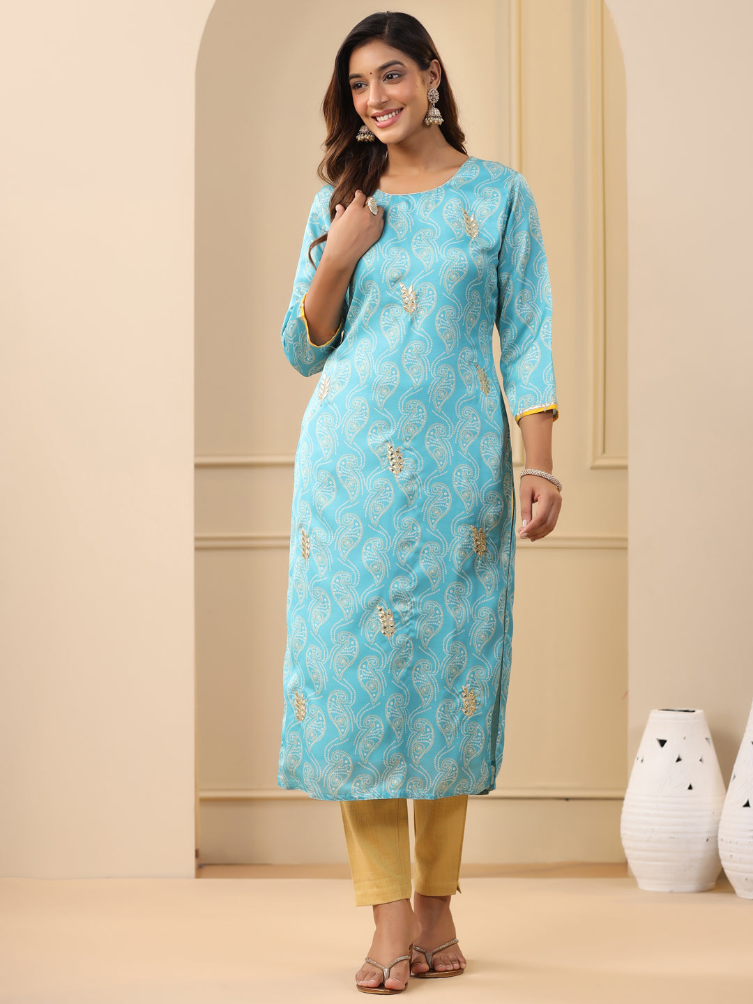 Embroidered Art Silk Blue Printed Straight Kurta With Cream Pants