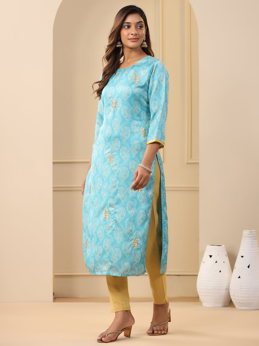 Embroidered Art Silk Blue Printed Straight Kurta With Cream Pants