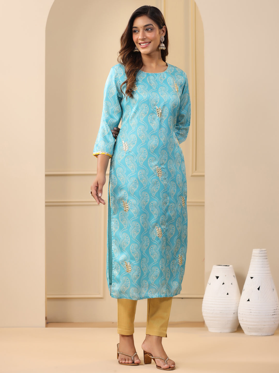 Embroidered Art Silk Blue Printed Straight Kurta With Cream Pants