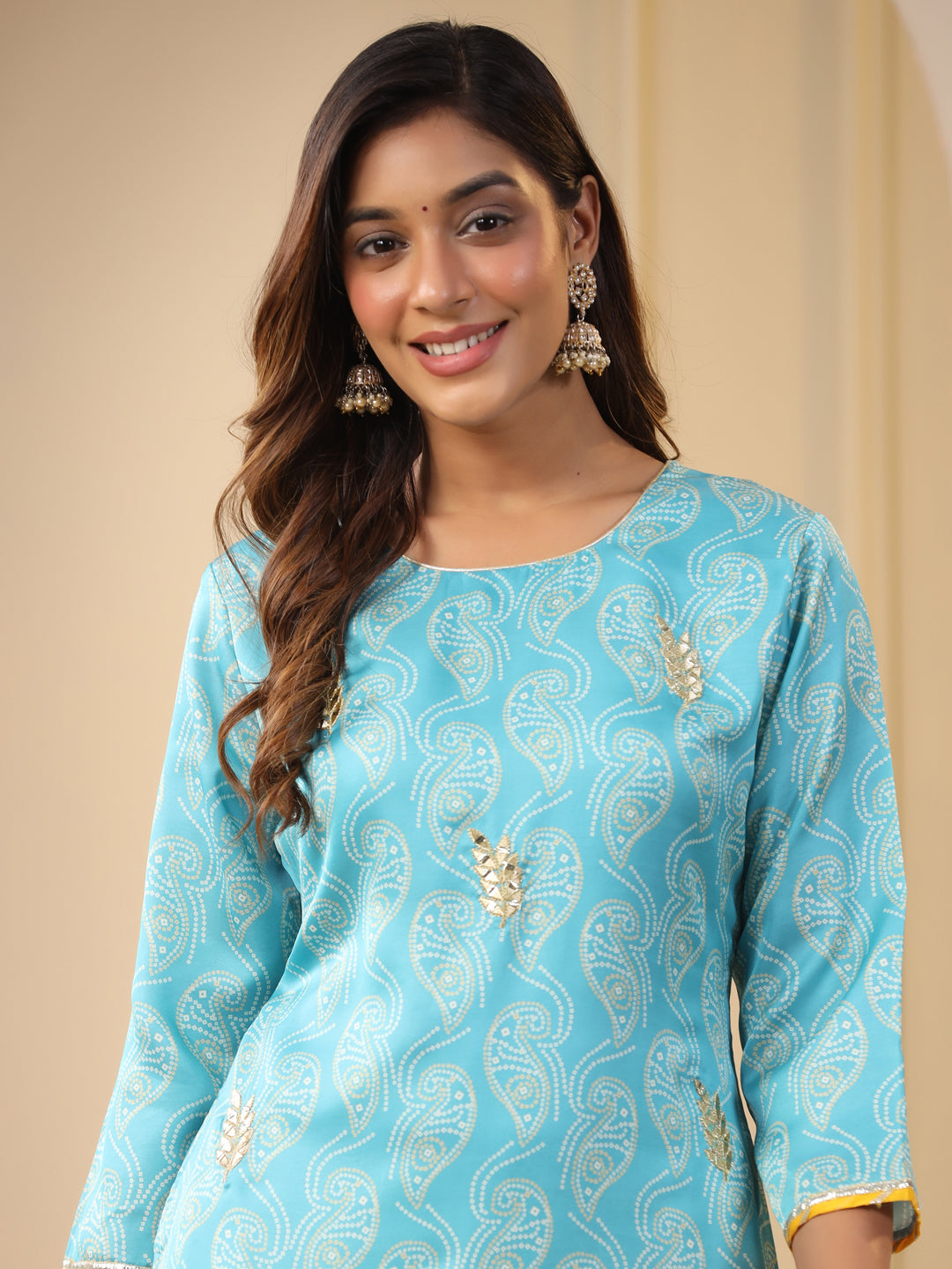 Embroidered Art Silk Blue Printed Straight Kurta With Cream Pants