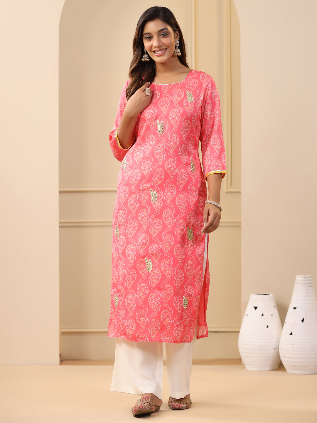 Embroidered Art Silk Peach Printed Straight Kurta