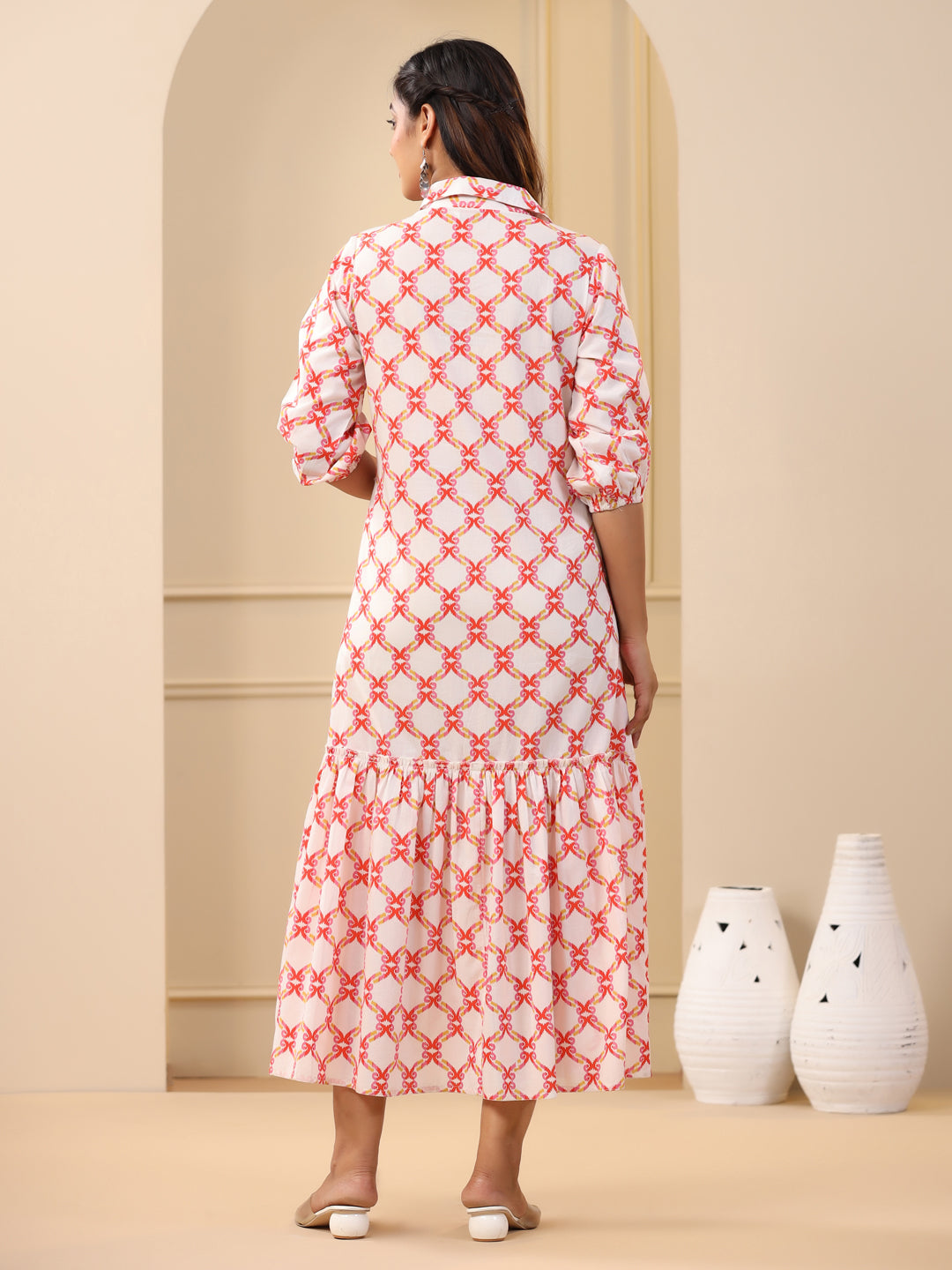 Orange Ikat Printed Tiered Cotton Dress