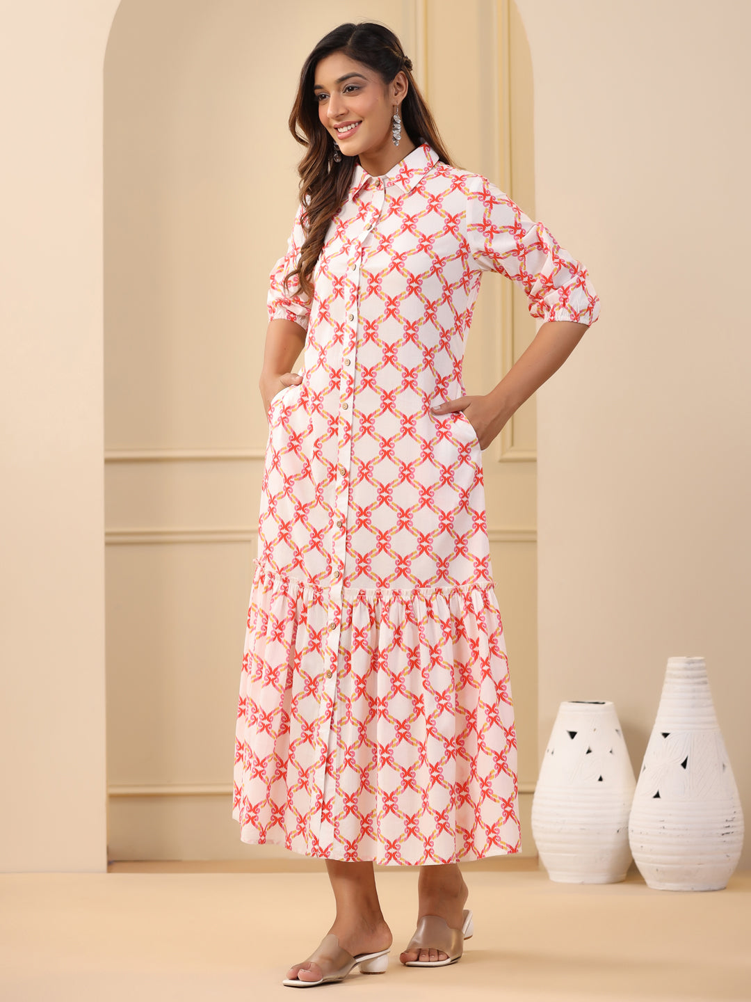 Orange Ikat Printed Tiered Cotton Dress