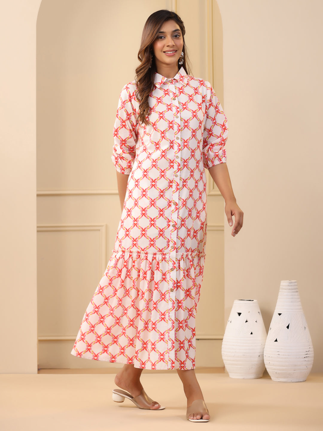 Orange Ikat Printed Tiered Cotton Dress