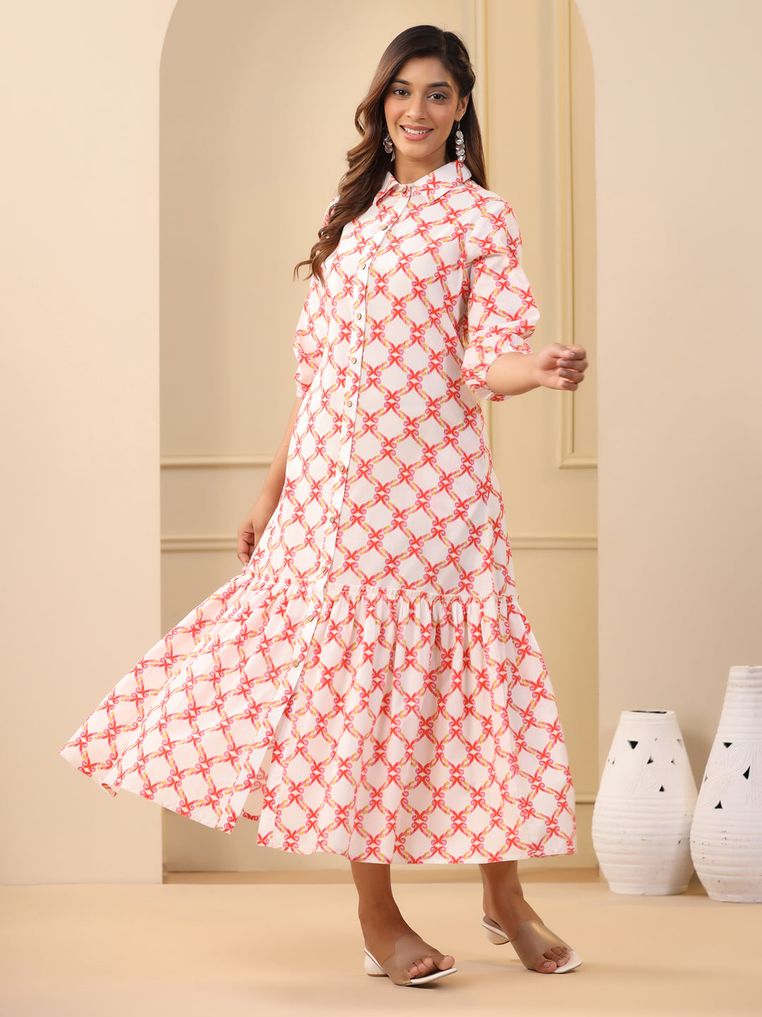 Orange Ikat Printed Tiered Cotton Dress