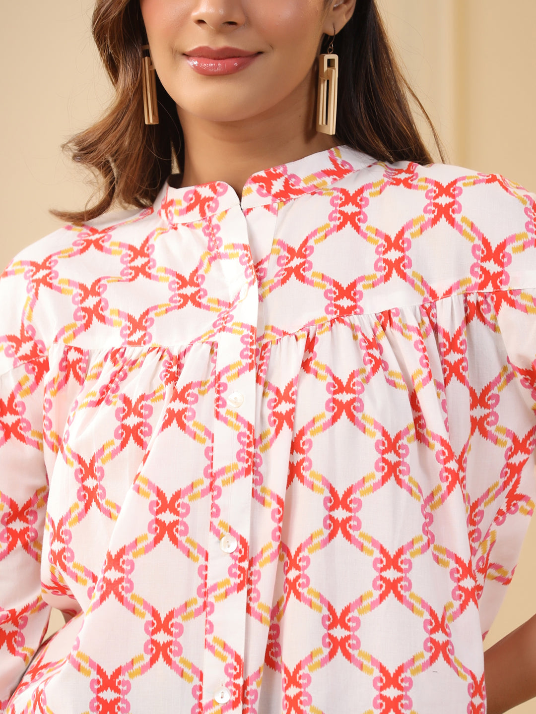 Orange Ikat Printed Tiered Cotton Loose Fit Top