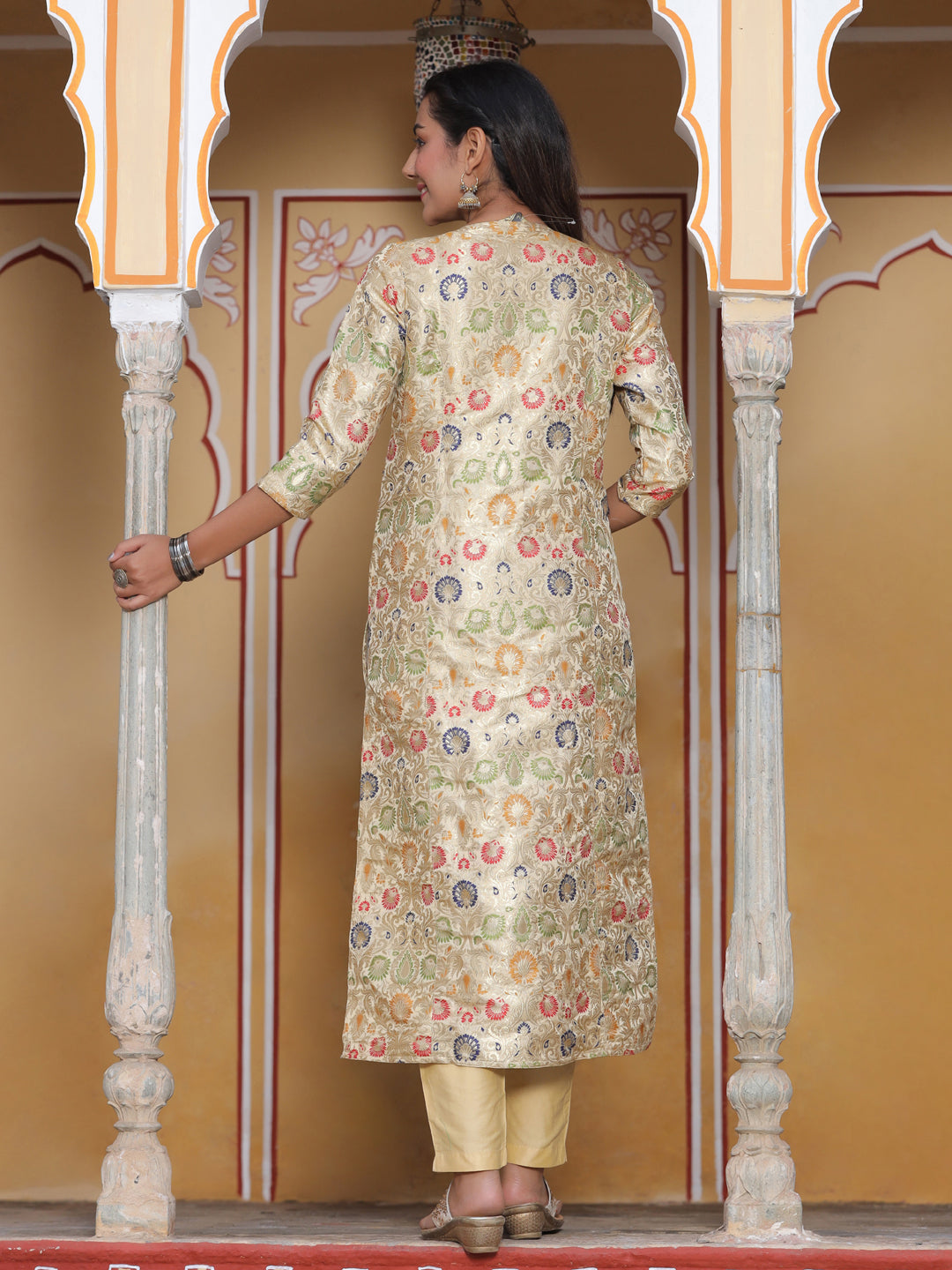 Beige Ethnic Printed Brocade Straight Kurta