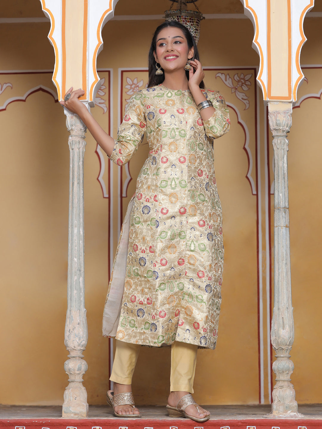 Beige Ethnic Printed Brocade Straight Kurta