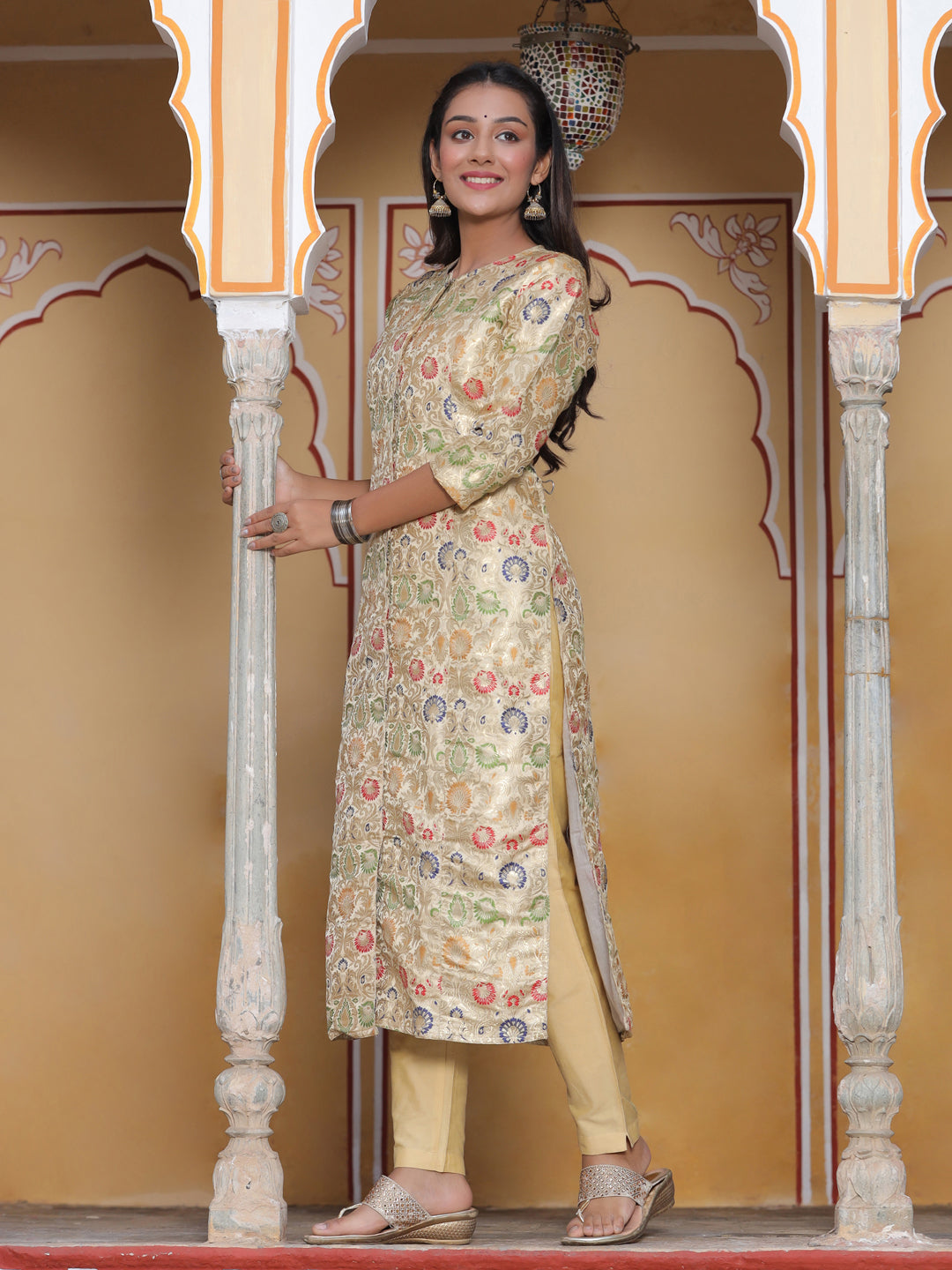 Beige Ethnic Printed Brocade Straight Kurta