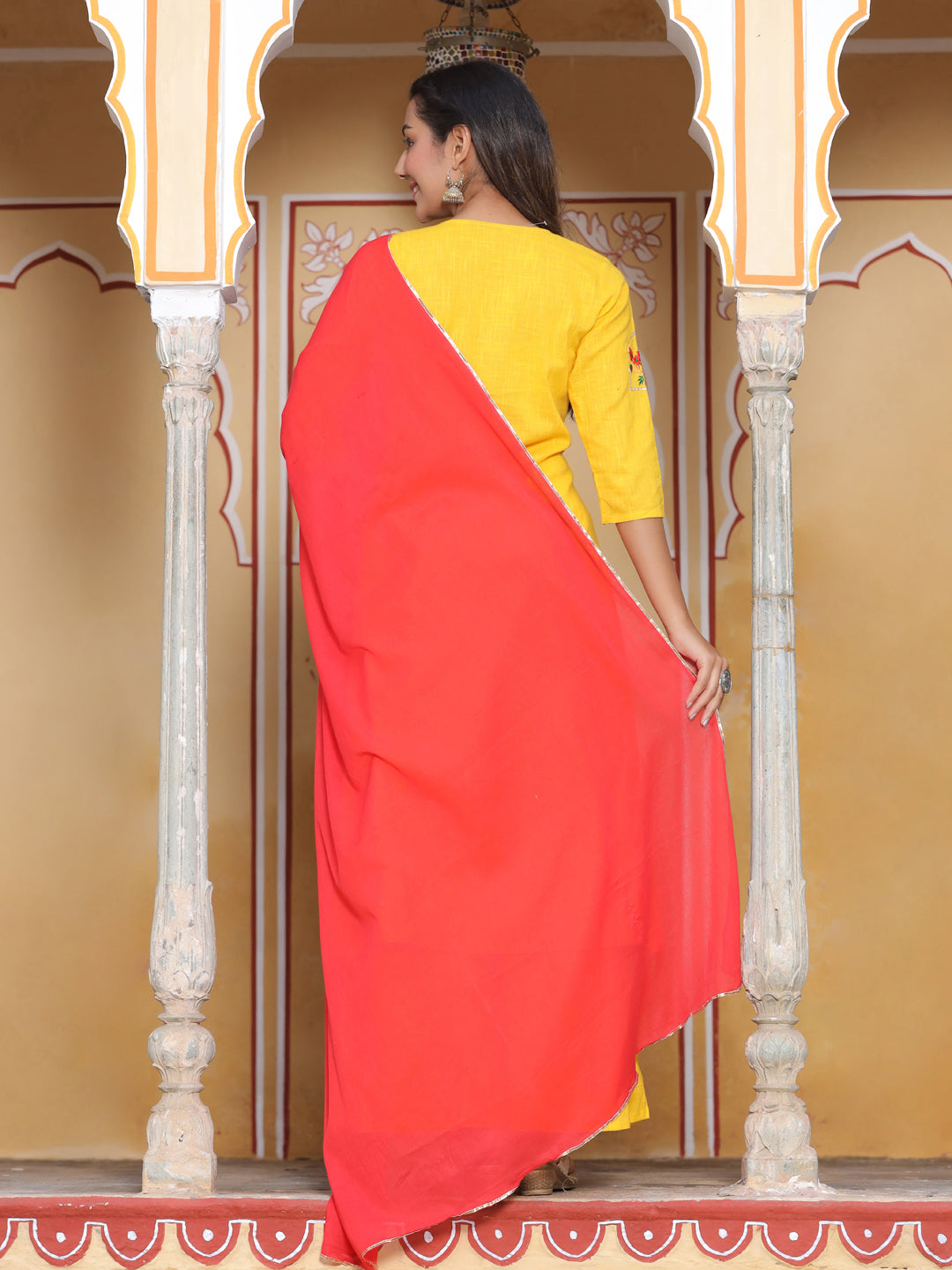 Embroidered Yellow Cotton Kurta With Palazzo And Dupatta