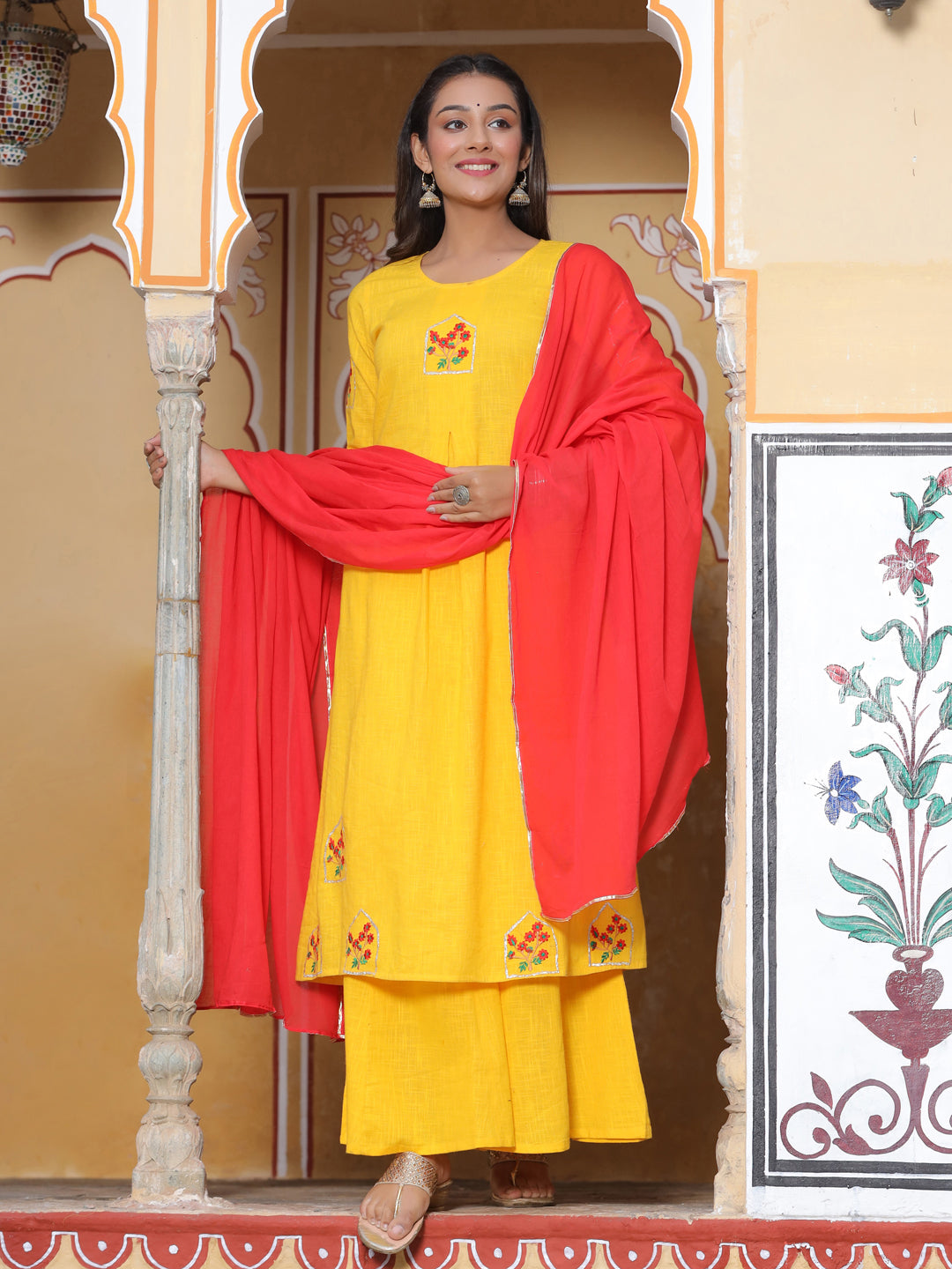 Embroidered Yellow Cotton Kurta With Palazzo And Dupatta