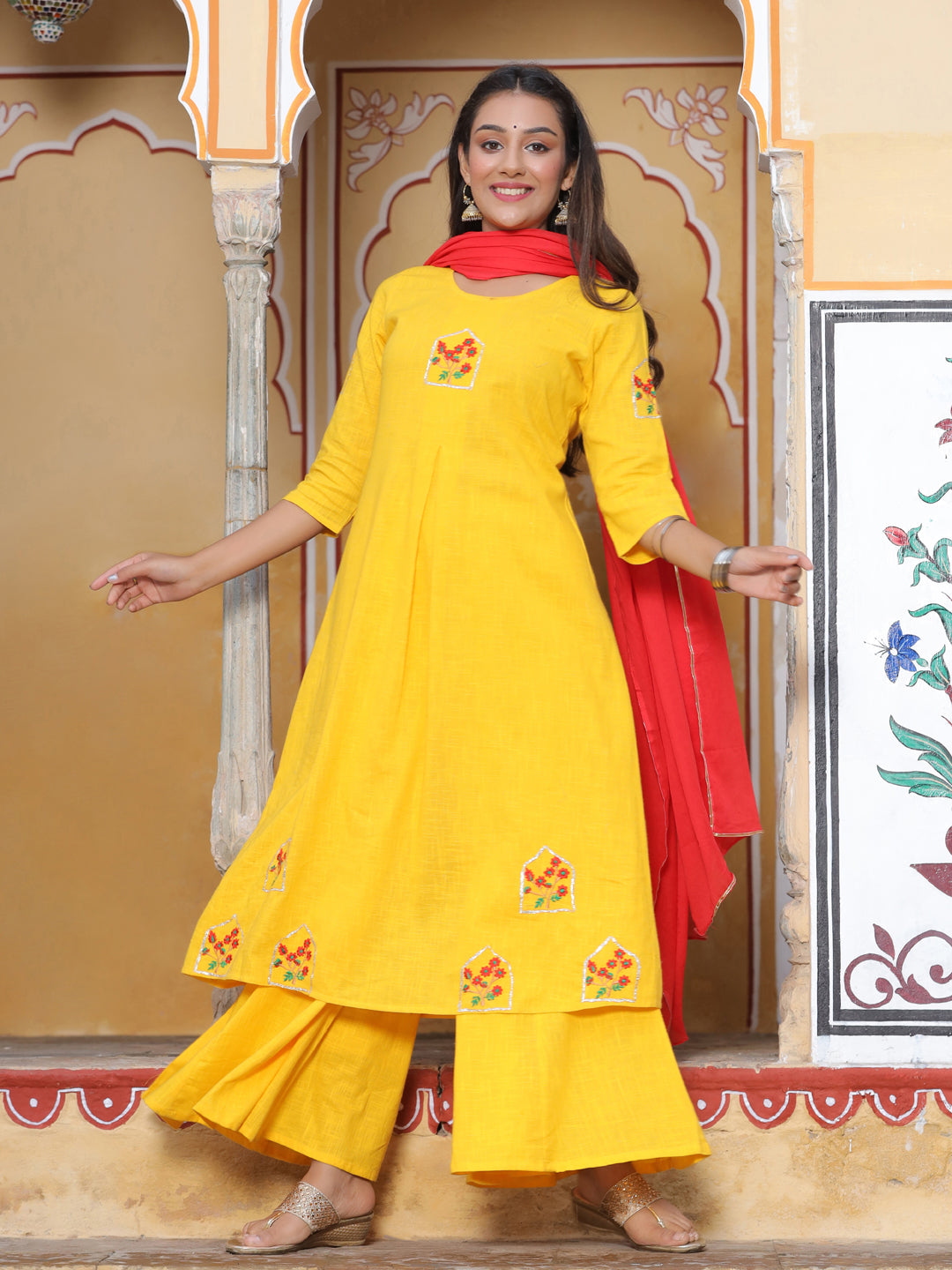 Embroidered Yellow Cotton Kurta With Palazzo And Dupatta