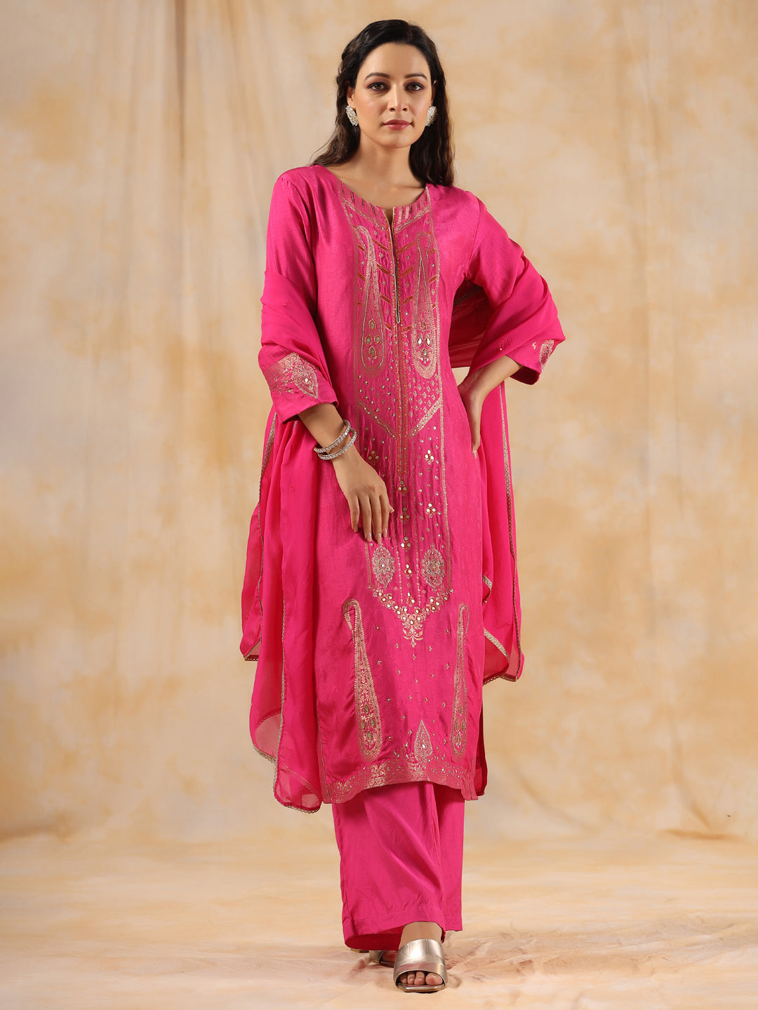 Zardozi Embroidered Silk Hot Pink Straight Kurta With Palazzo And Dupatta